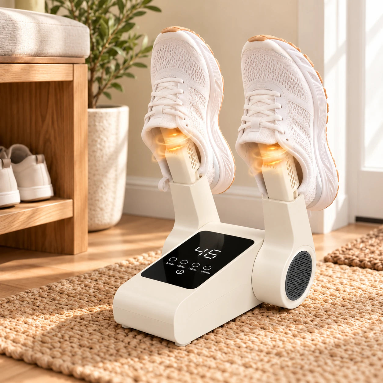 Illustration of trainers on the shoe dryer in an entryway